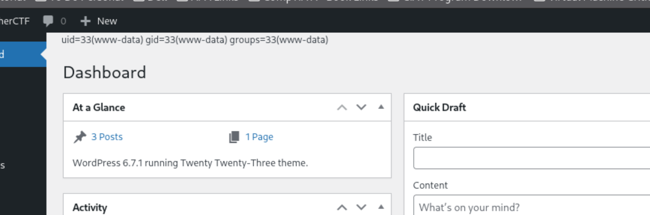 Closer view of command execution as www-data in the WordPress dashboard